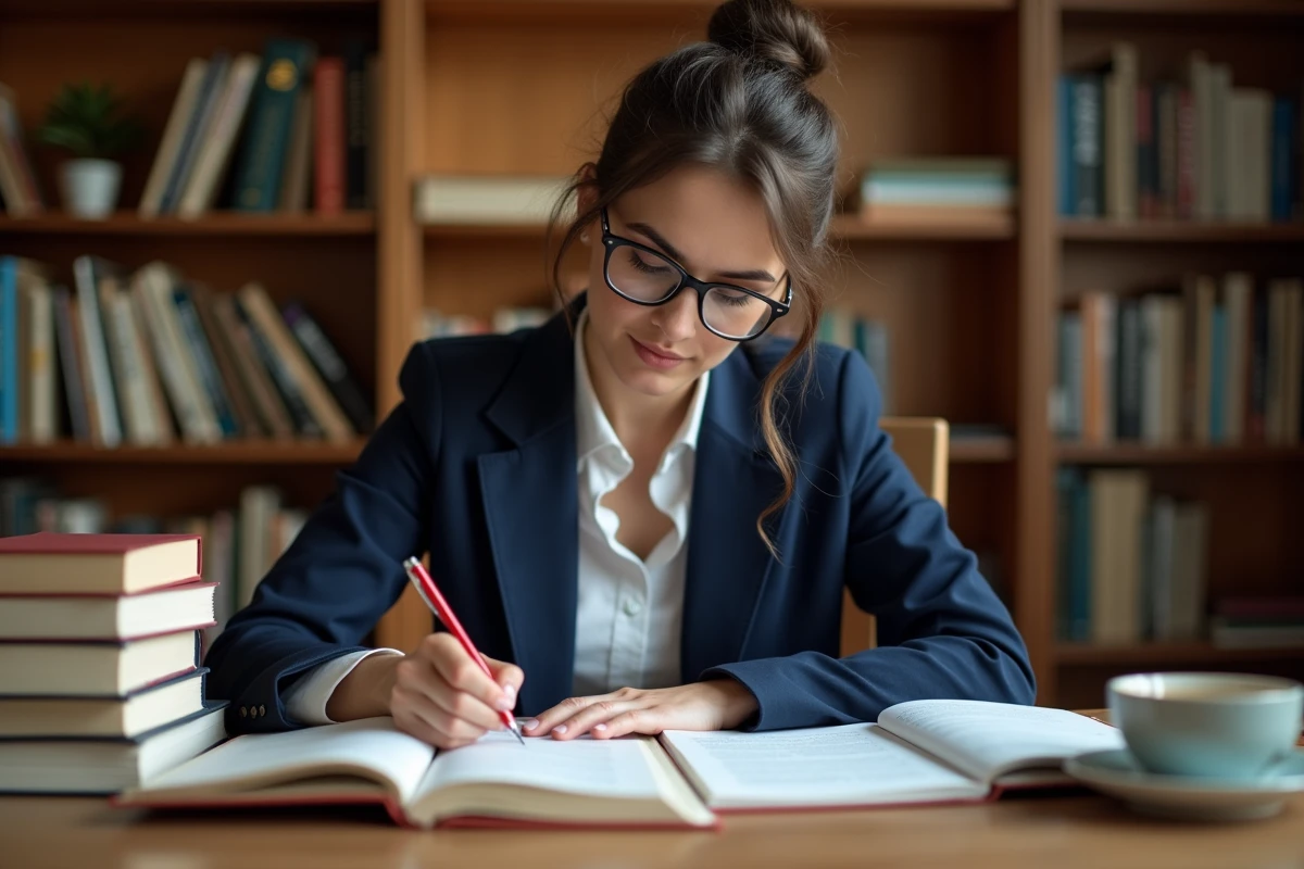 Femme corrigeant une grammaire française avec un stylo rouge, entourée de livres de conjugaison et de grammaire