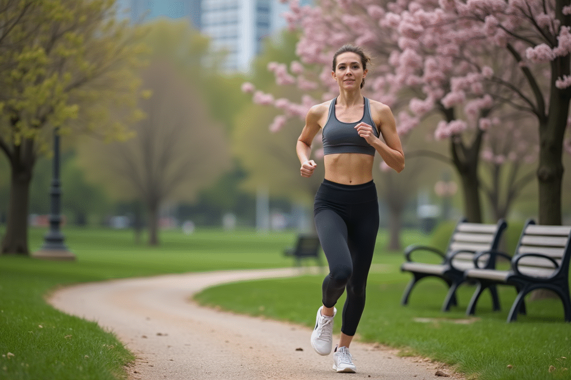 Femme sportive courant dans un parc urbain au printemps