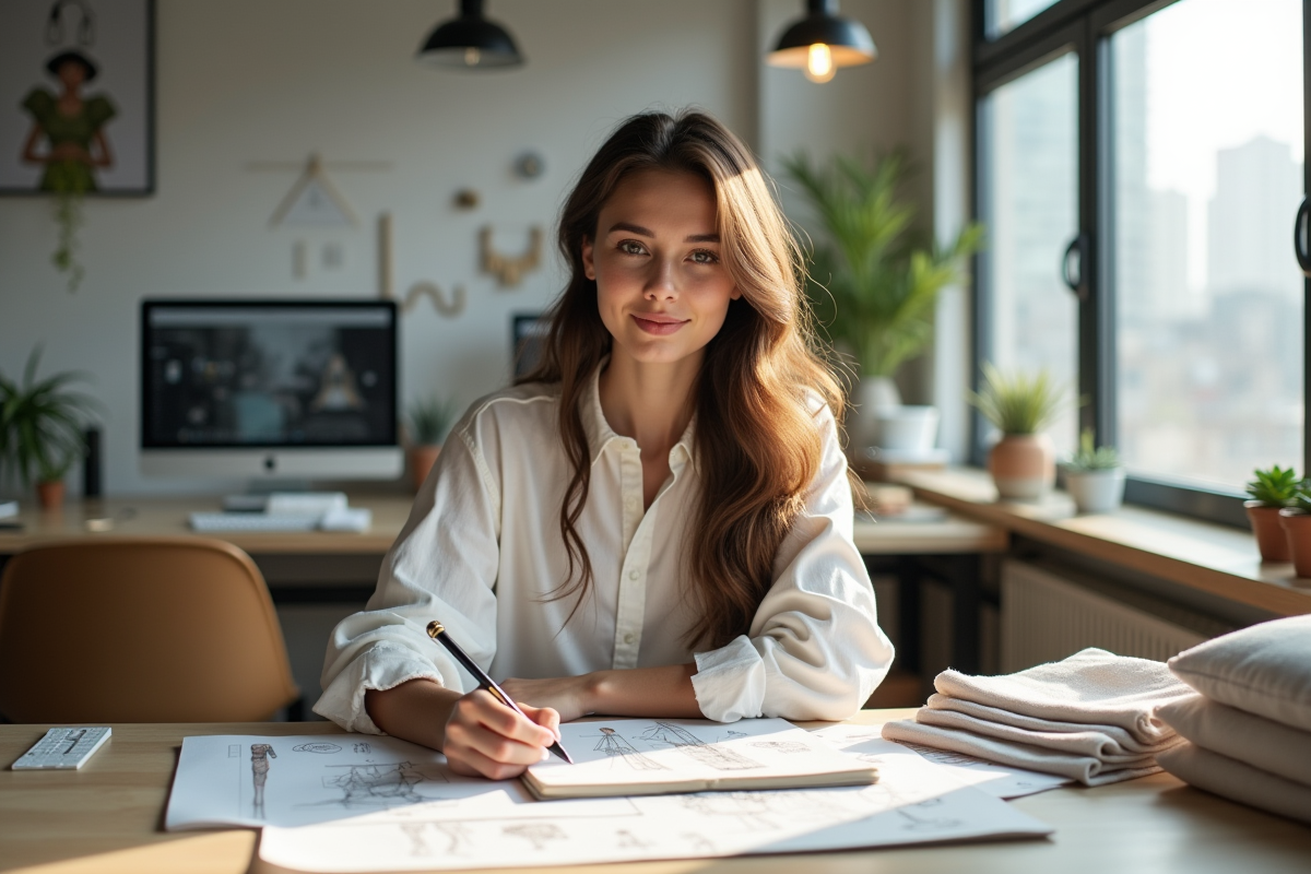 Femme créatrice de mode dans son studio avec croquis et tissus