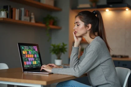 Jeune femme concentrée sur un puzzle coloré sur son ordinateur