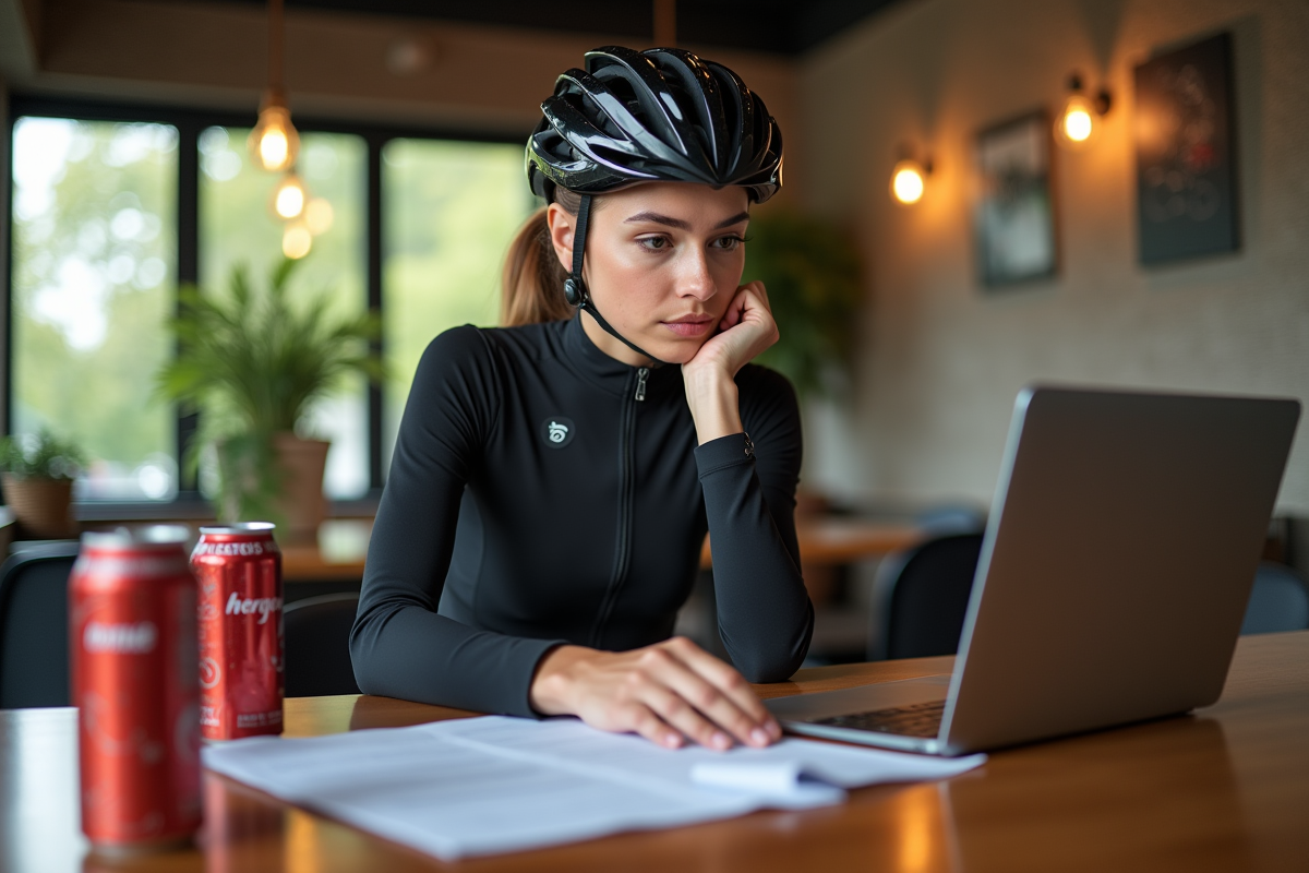 Jeune cycliste professionnelle à son bureau