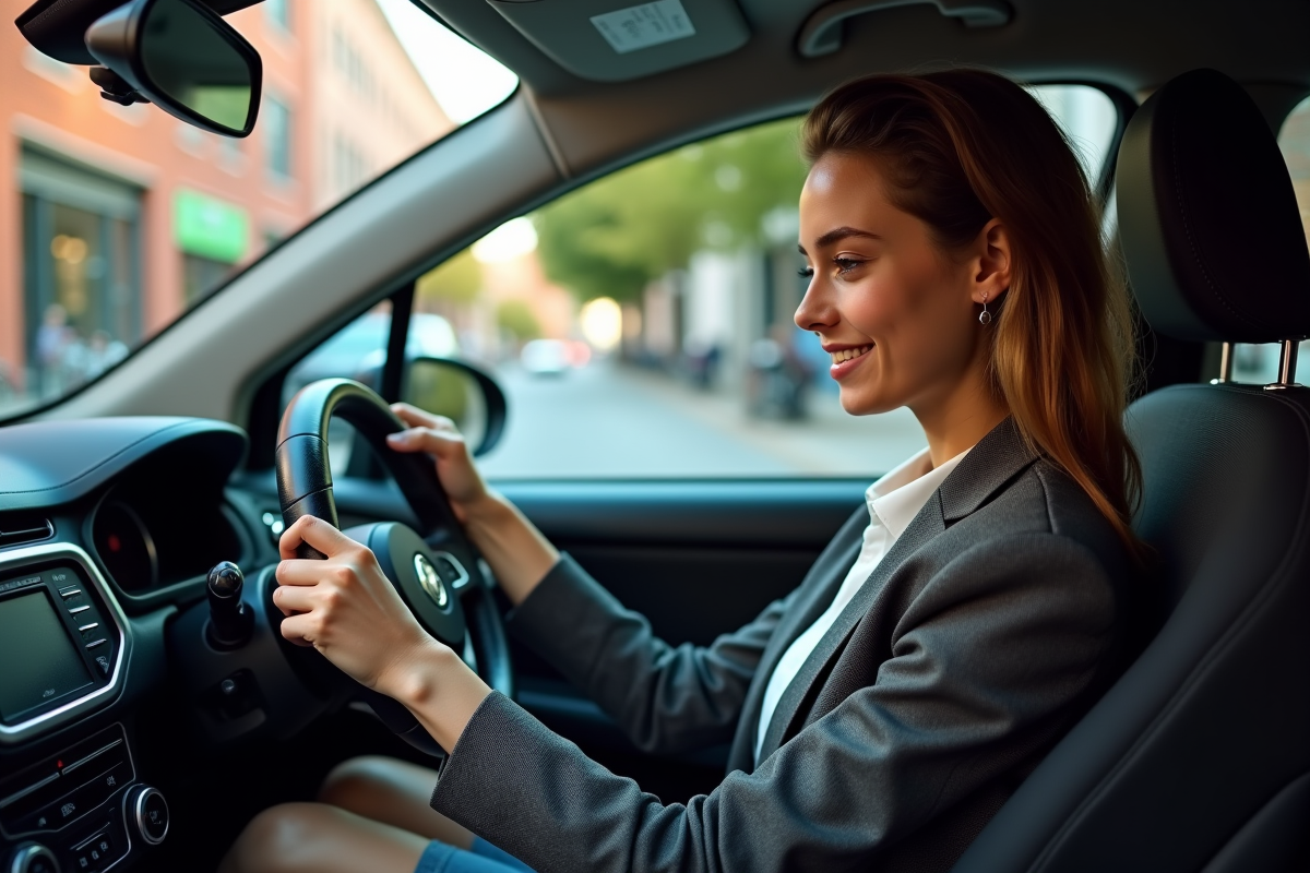 Jeune femme lisant le tableau de bord dans une voiture urbaine