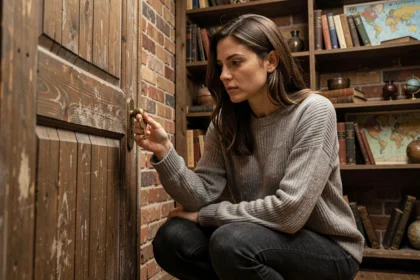 Une femme examine une clé dorée devant une porte verrouillée dans une salle d'escape game aux décors vintage