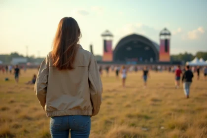 Femme détendue au festival en plein air au lever du jour