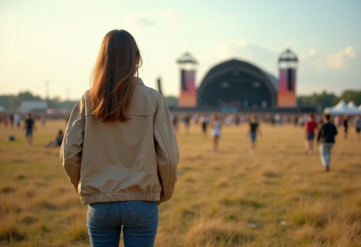 Femme détendue au festival en plein air au lever du jour