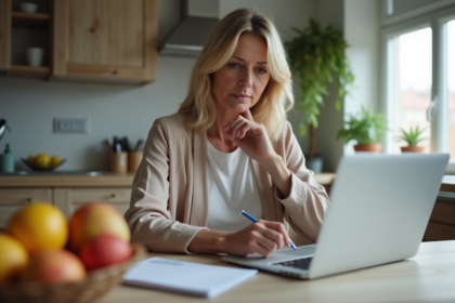 Femme d'âge moyen en cuisine examine ses finances