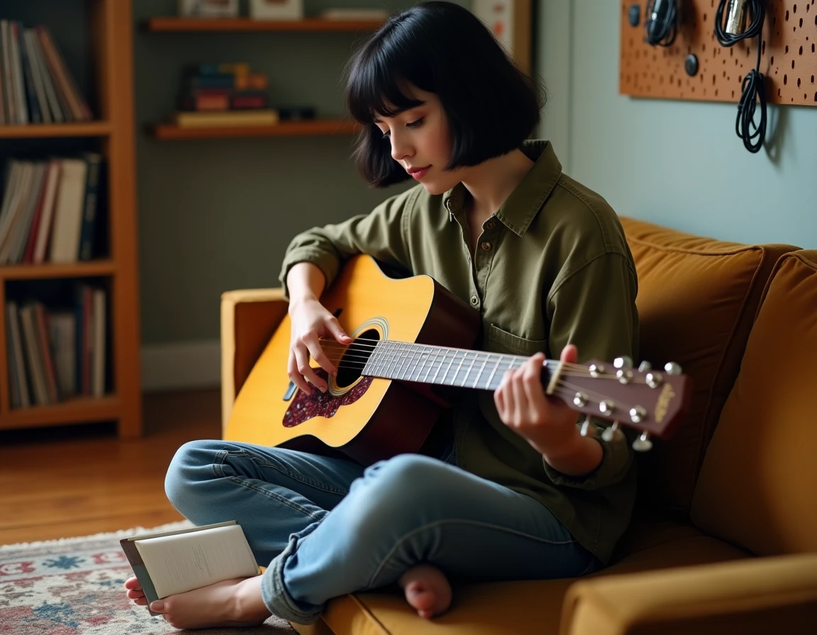 Jeune femme jouant une guitare Atlantic parlor dans un coin home studio confortable et décoré avec des disques vinyles et un tapis