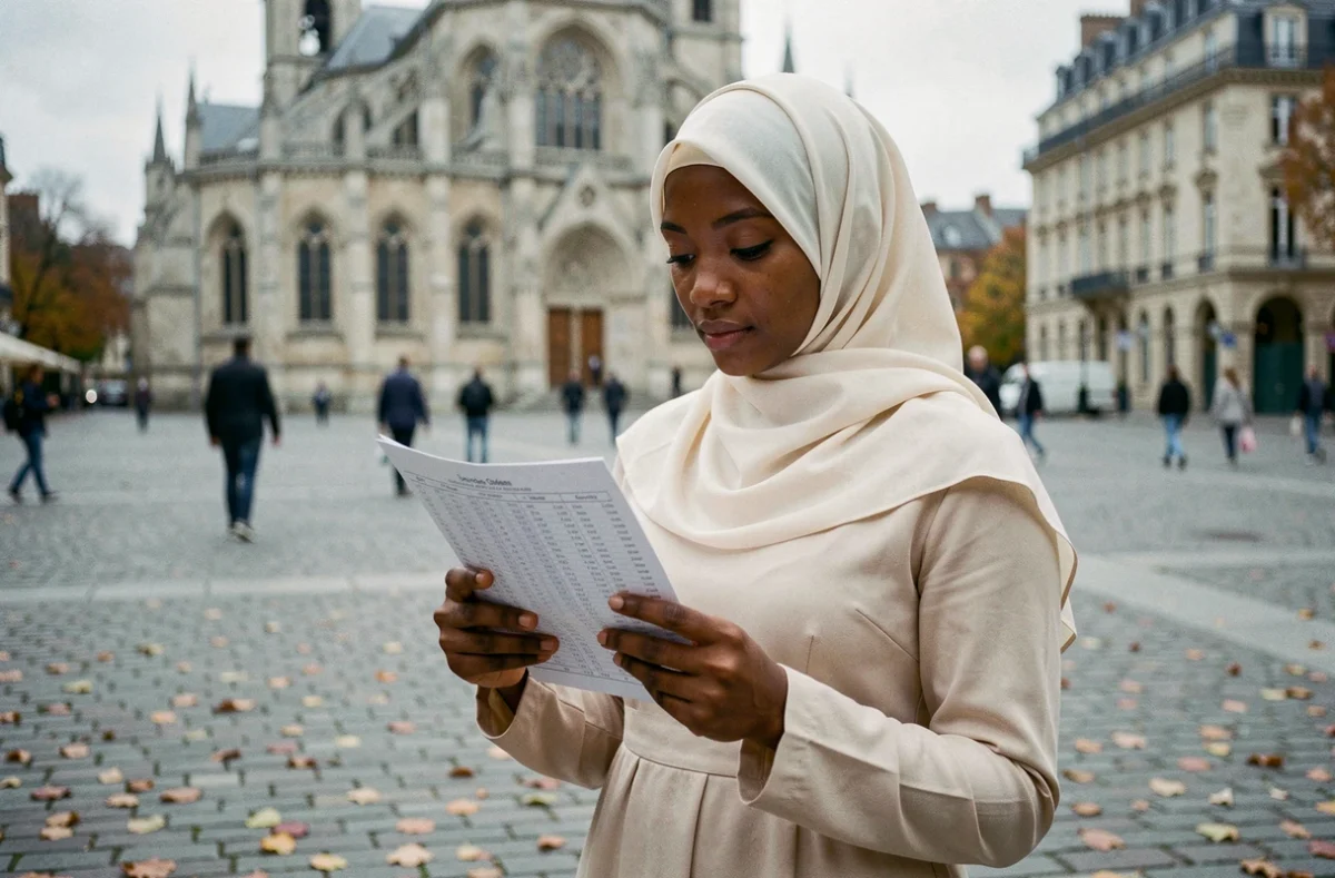 Femme consultant les horaires de prière devant la cathédrale d'Orléans en automne