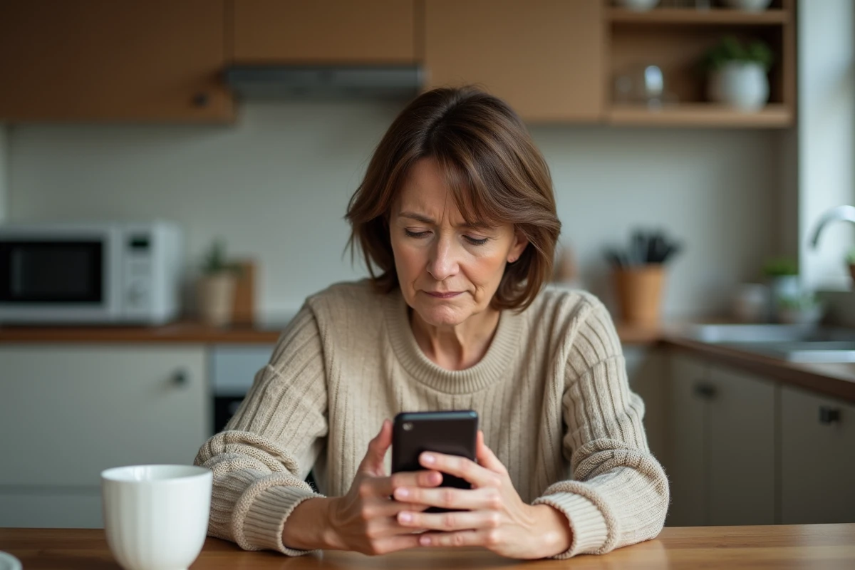 Femme inquiète regardant un appel entrant d'un numéro inconnu sur son smartphone dans une cuisine moderne