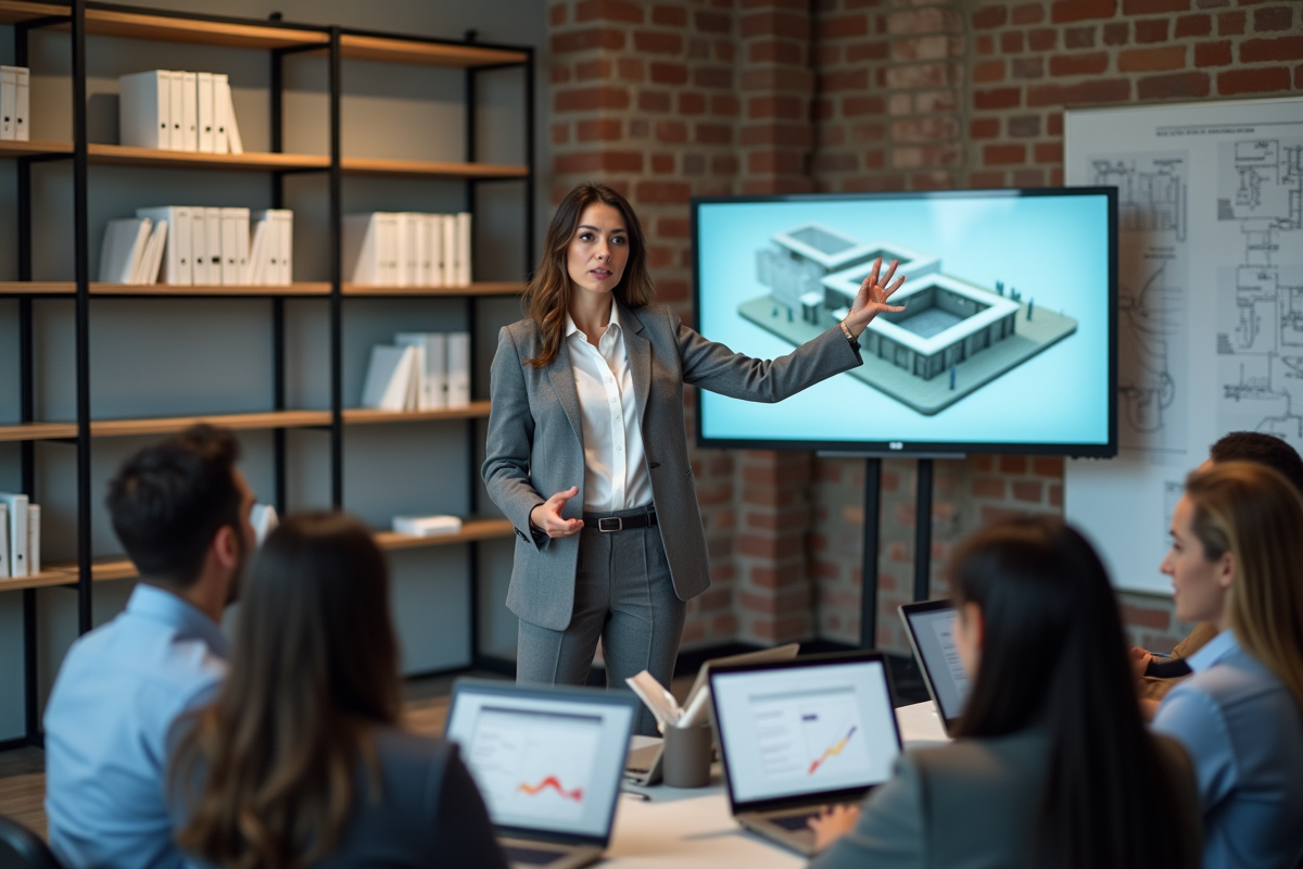 Femme professionnelle expliquant un modèle de coût de construction