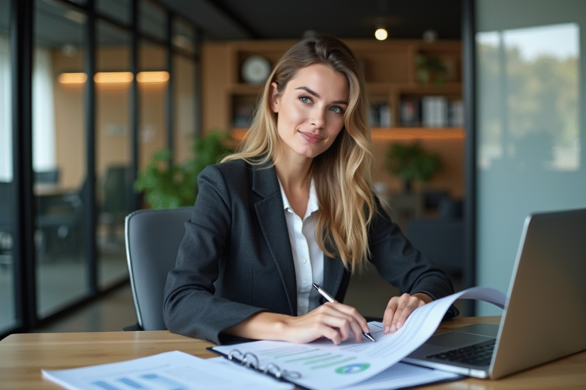 Femme d affaires concentrée sur documents et ordinateur
