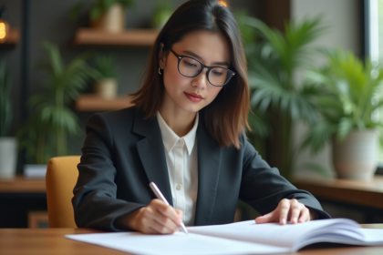 Femme professionnelle examine des rapports ESG dans un bureau écologique