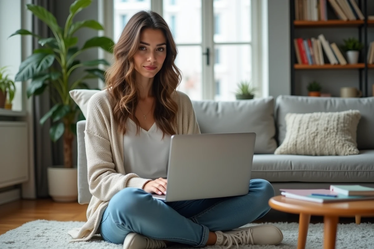 Femme assise avec laptop en recherchant des topics forum