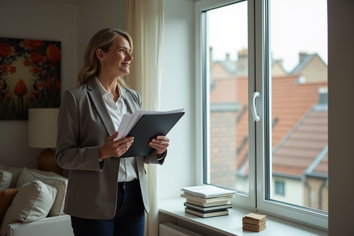 Femme debout près de la fenêtre dans un salon lumineux