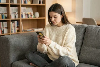 Jeune femme lisant des mangas sur smartphone via Manga orogine dans son salon cosy