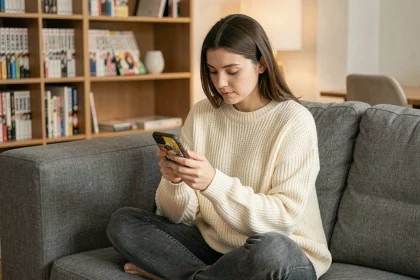 Jeune femme lisant des mangas sur smartphone via Manga orogine dans son salon cosy
