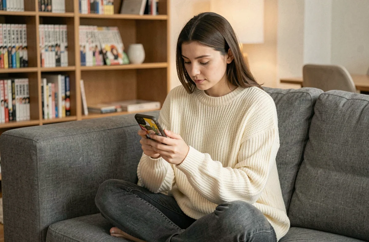 Jeune femme lisant des mangas sur smartphone via Manga orogine dans son salon cosy