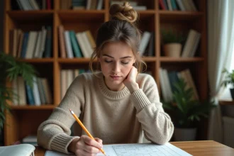 Femme résolvant un mot croisé Codycross sur un calendrier papier posé sur un bureau en bois