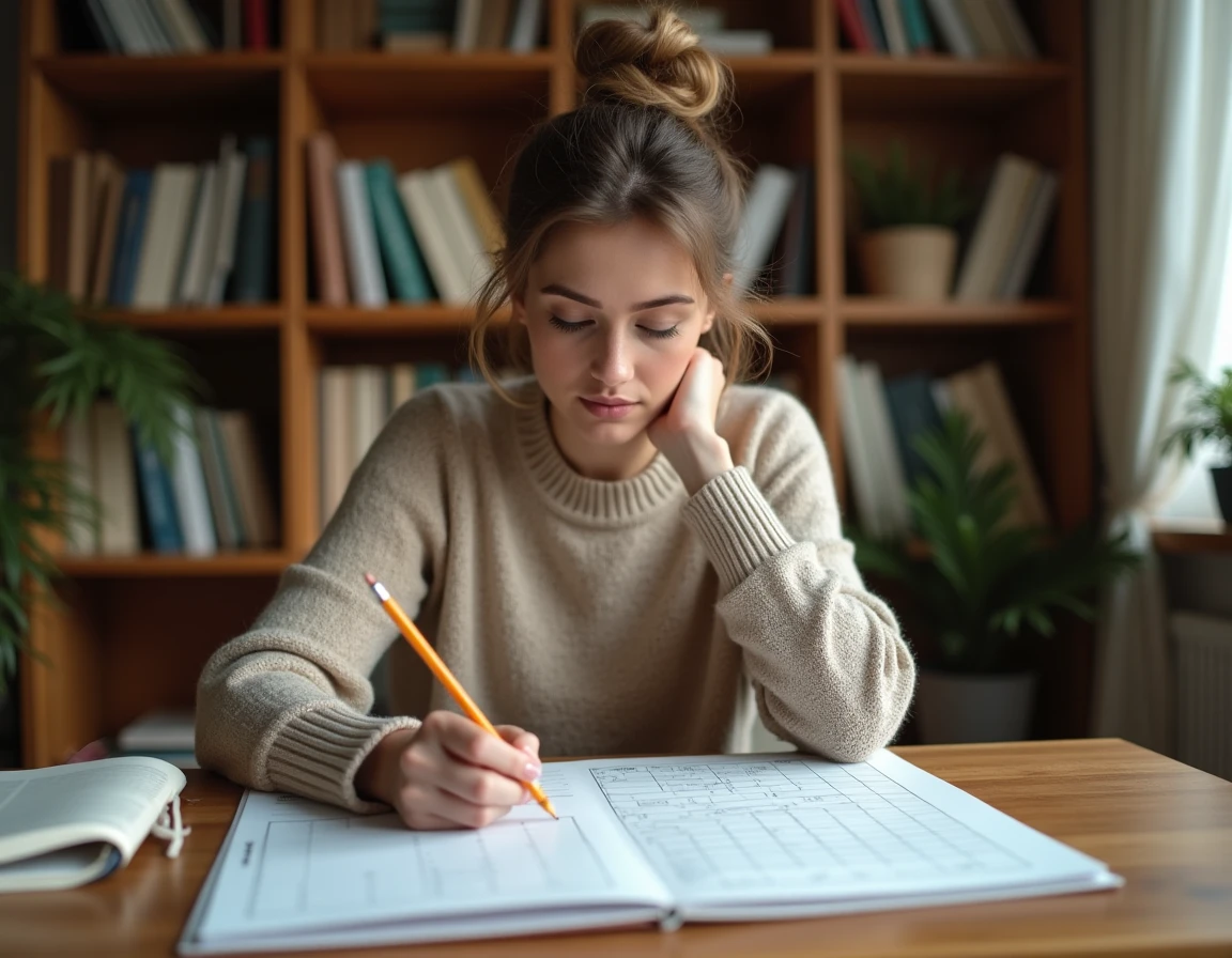 Femme résolvant un mot croisé Codycross sur un calendrier papier posé sur un bureau en bois