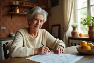 Femme concentrée résolvant des mots croisés avec une grille de ville italienne difficile à trouver