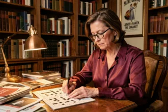 Femme élégante résolvant des mots fléchés sur le thème des cantatrices célèbres dans une bibliothèque vintage