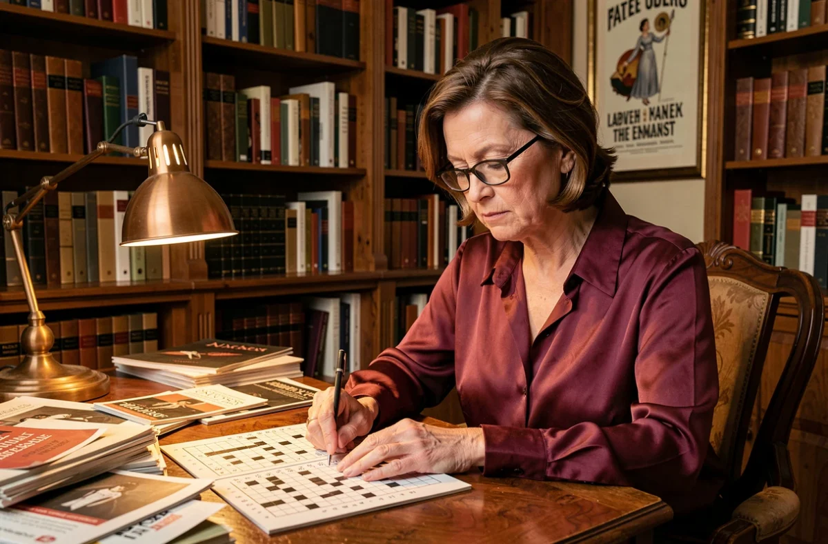 Femme élégante résolvant des mots fléchés sur le thème des cantatrices célèbres dans une bibliothèque vintage