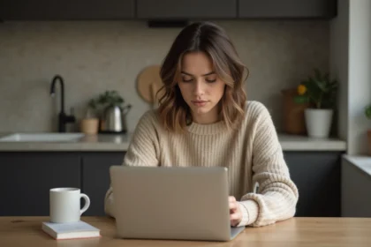 Femme pensant devant son ordinateur dans la cuisine