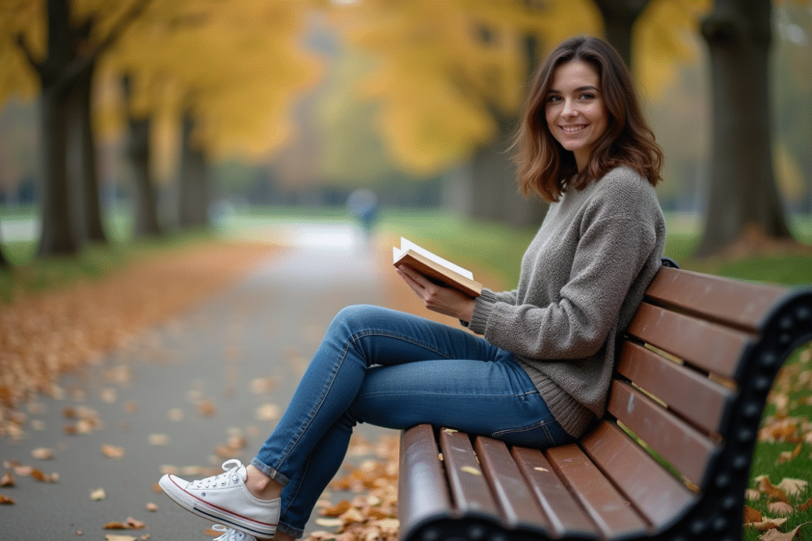 Femme souriante lisant dans un parc en automne