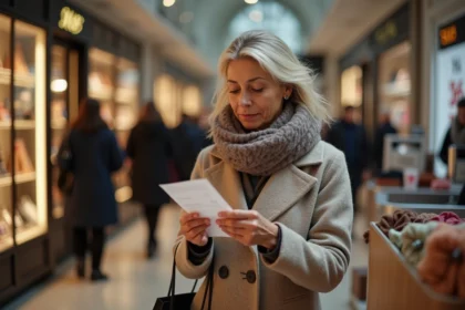 Femme française vérifiant son ticket de caisse dans un grand magasin parisien
