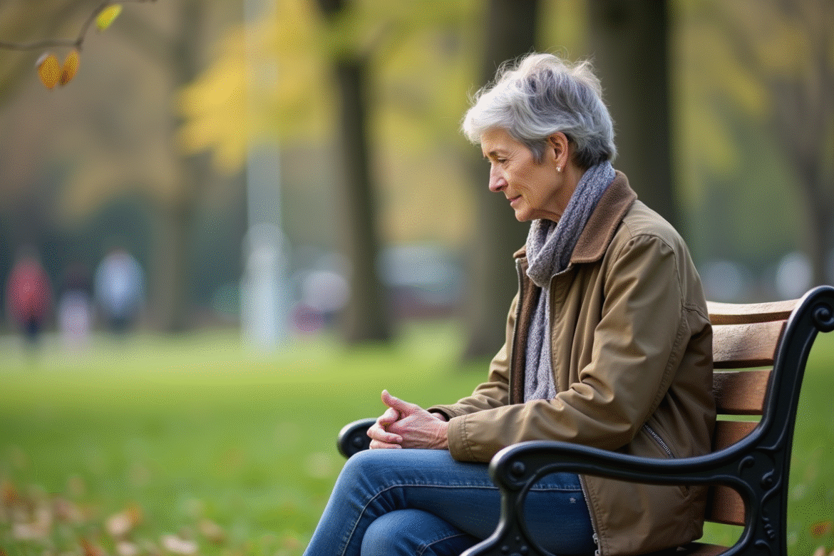 Femme assise sur un banc dans un parc en contemplation