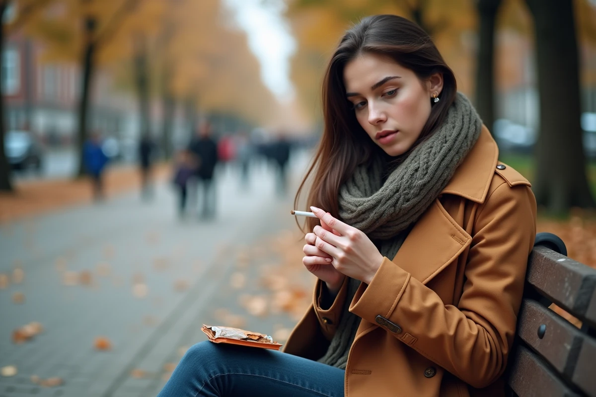 Jeune femme dans un parc roulant une cigarette avec du tabac