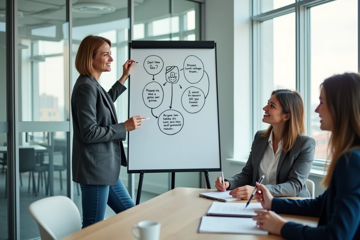 Femme en réunion expliquant un meme à ses collègues