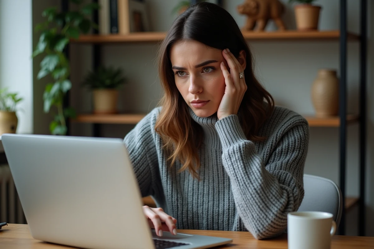 Femme scrutant son ordinateur portable avec une expression sceptique en recherchant la fiabilité d'un site web