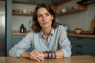 Femme d'âge moyen se massant le poignet avec bracelets colorés