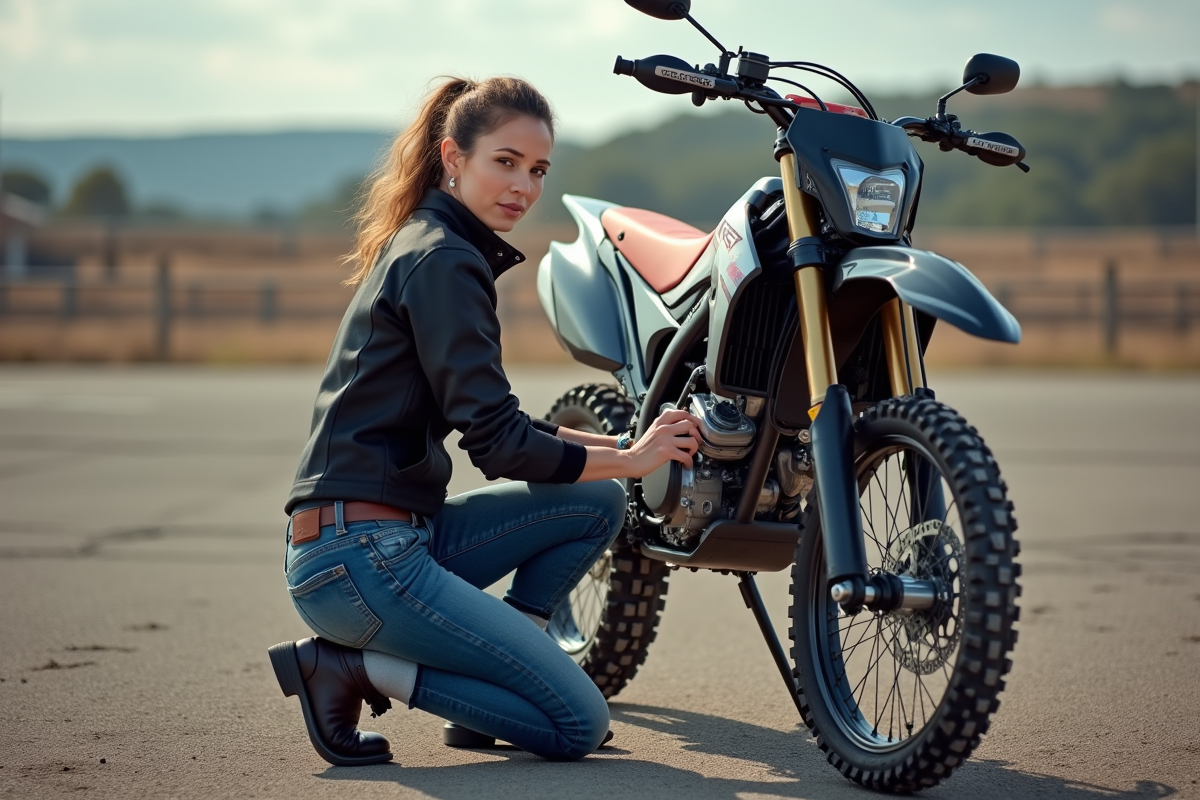 Femme en train de réparer son CRZ Dirt 125 en extérieur