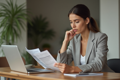 Femme en intérieur examine brochures d'assurance santé