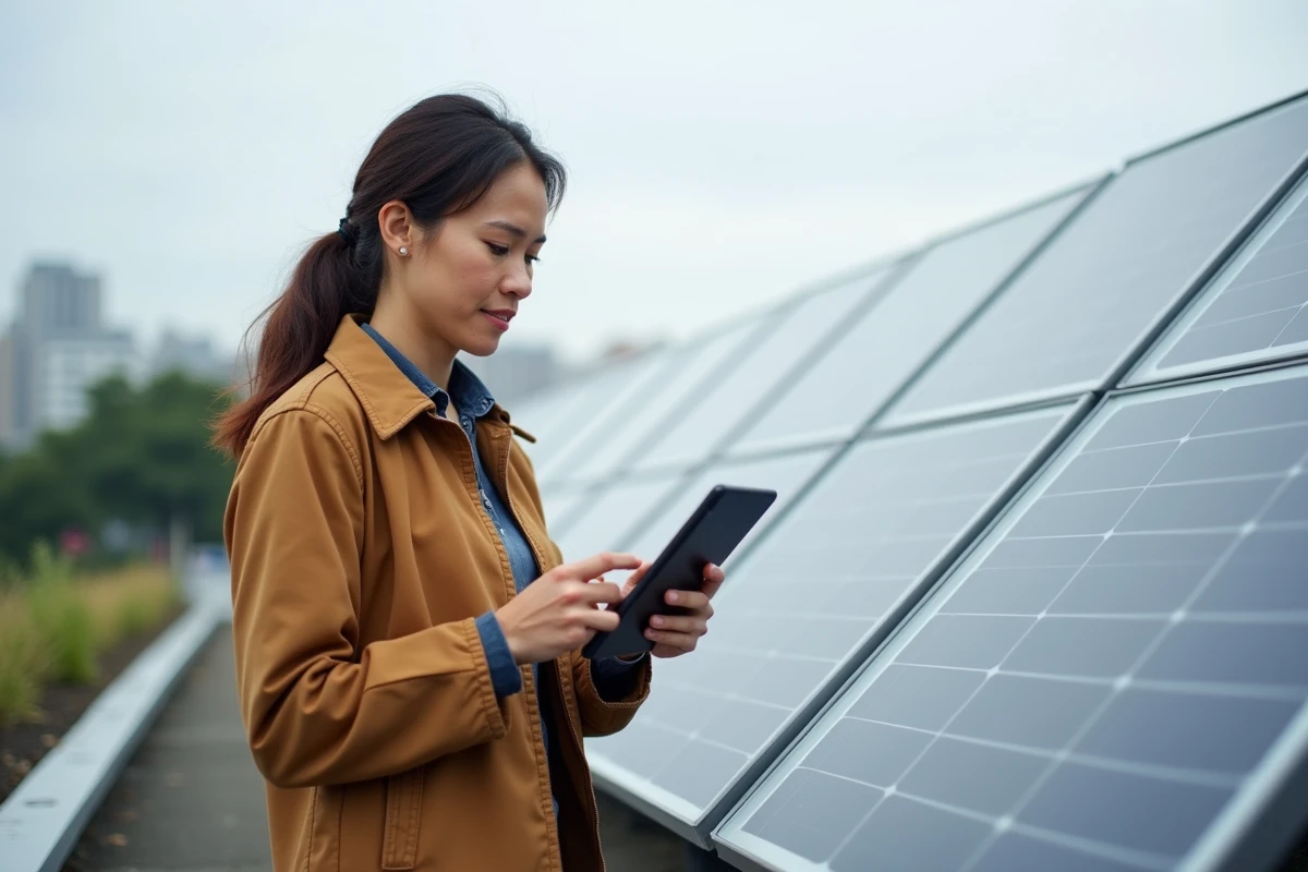 Femme regardant une tablette près de panneaux solaires sur un toit