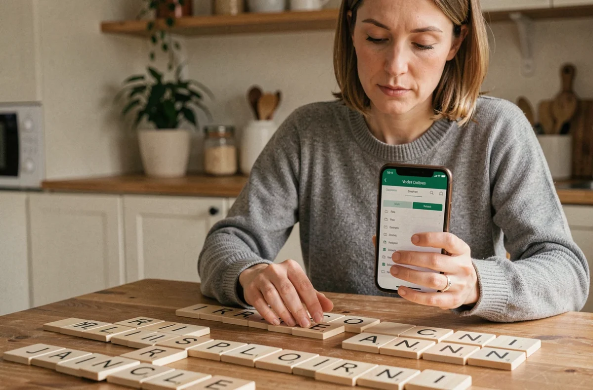 Femme utilisant un solveur de mots sur smartphone pour tricher au Scrabble avec des tuiles posées sur une table en bois