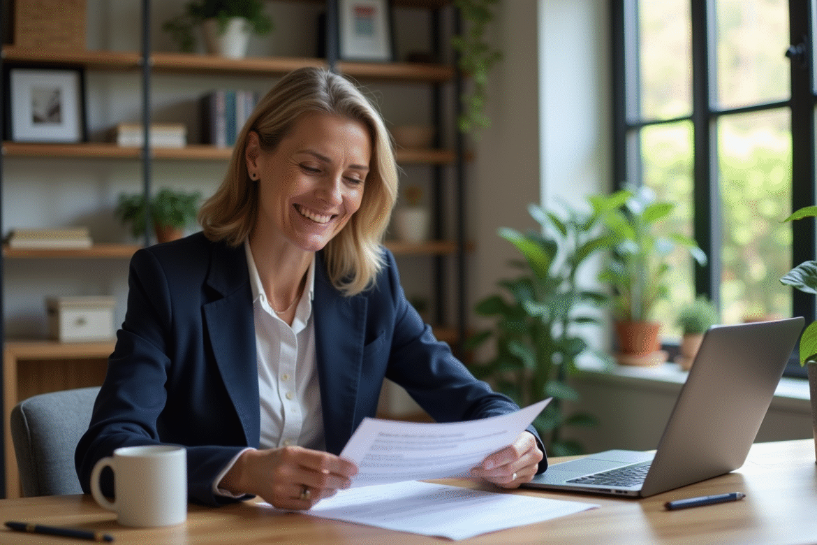 Femme souriante en blazer navy dans un bureau moderne