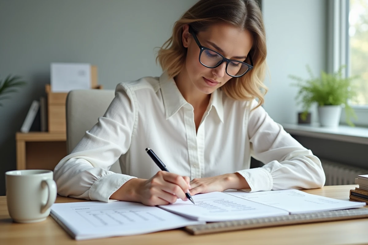 Femme écrivant un tableau de conversion de pouces en centimètres dans un carnet sur un bureau en bois