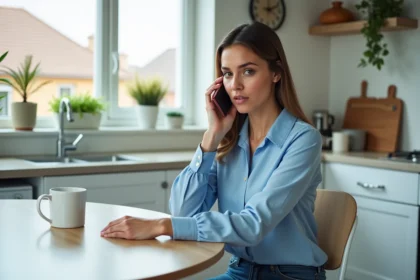 Femme au téléphone dans une cuisine lumineuse
