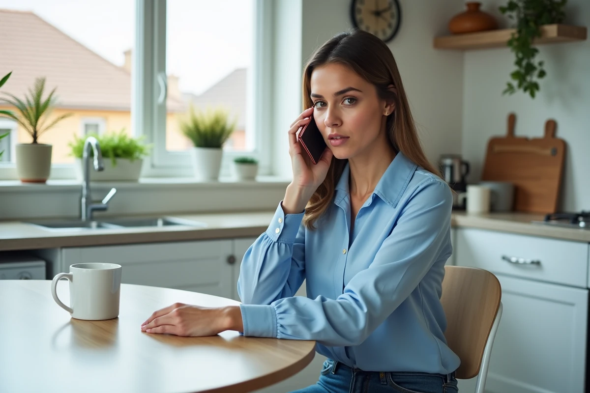 Femme au téléphone dans une cuisine lumineuse