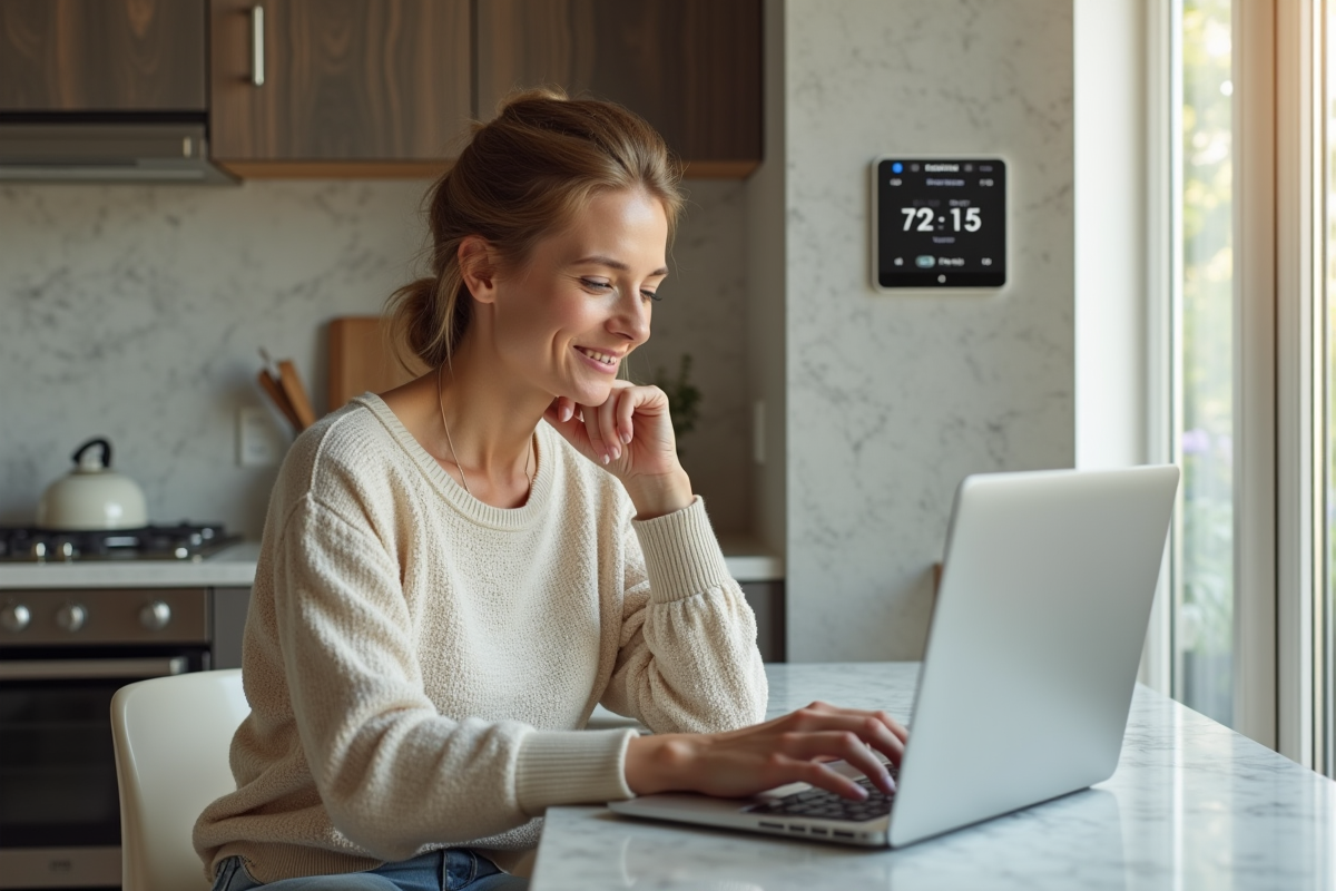 Femme vérifiant le thermostat dans sa cuisine
