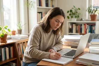 Jeune femme concentrée travaillant à son bureau à la maison