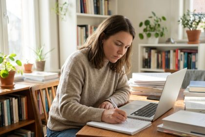 Jeune femme concentrée travaillant à son bureau à la maison