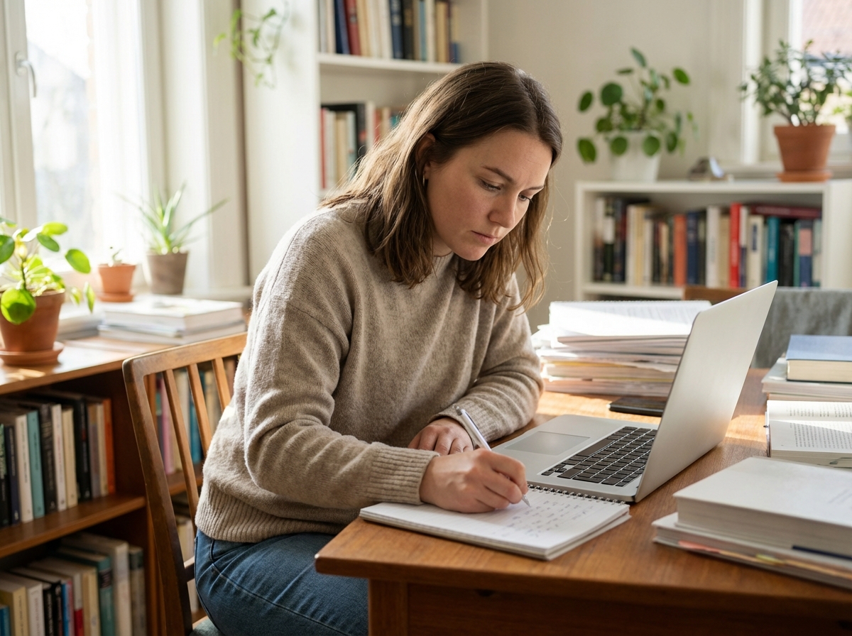 Jeune femme concentrée travaillant à son bureau à la maison
