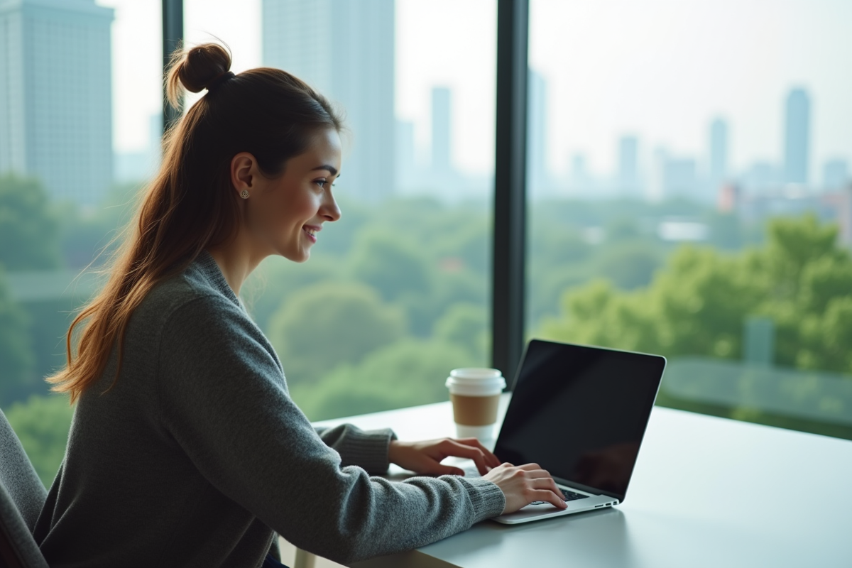 Jeune femme travaillant à distance dans un bureau moderne