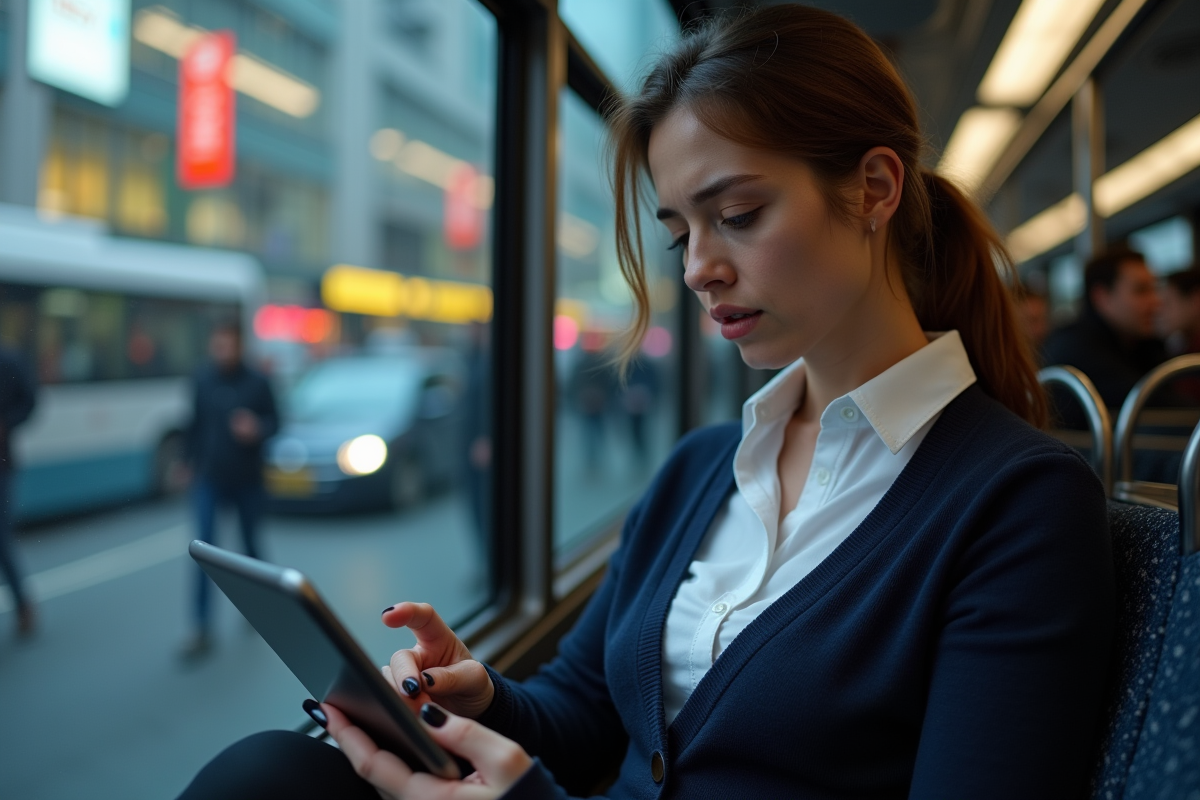 Femme connectant son tablet dans un bus en ville