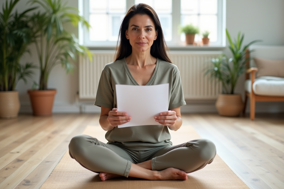 Femme méditant en yoga avec formulaire dans un studio lumineux