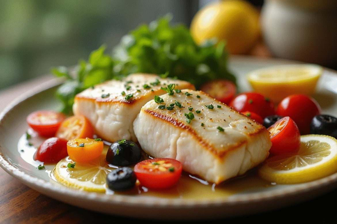 Filet de poisson blanc avec légumes colorés et citron
